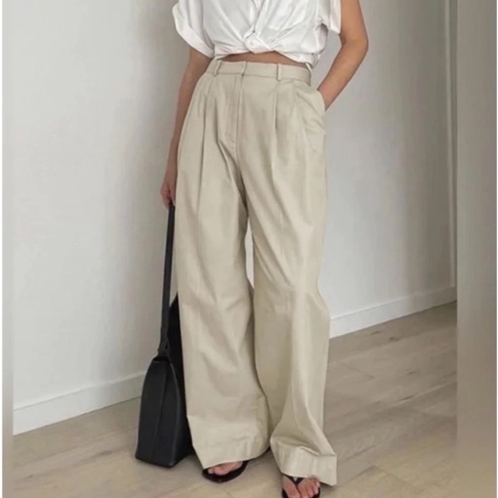 COS Womens Beige Pleated Wide Leg Trousers High Waisted Cotton Pants Size 2